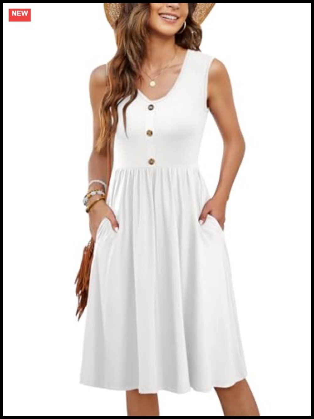 Women's Summer Casual Midi Sundress with Pockets Sleeveless V-Neck A-Line